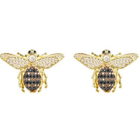 Gold honey bee stud earrings with crystal wings and black enamel body