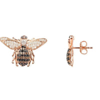 Rose-gold bee stud earrings with crystal wings and visible post back