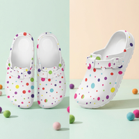 Women's EVA clogs, white with multicolor polka dots and adjustable strap buckle