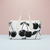 Cherry Handbag | Small Handheld Tote with Black Cherries on White