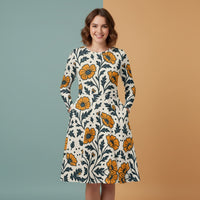 Orange Poppy Dress | Vibrant Floral Long Sleeve Midi Dress with Pockets