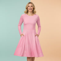 Modest Pink Dresses For Women | Blush Pastel Long Sleeve Midi Dress with Pockets
