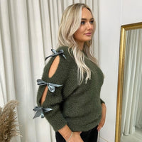 Cut Out Tie Bow Sleeve Detail Chunky Knitted Top