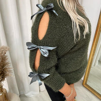Cut Out Tie Bow Sleeve Detail Chunky Knitted Top