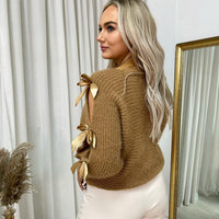 Cut Out Tie Bow Sleeve Detail Chunky Knitted Top