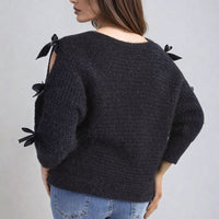 Cut Out Tie Bow Sleeve Detail Chunky Knitted Top