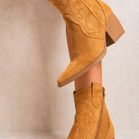 Camel ankle boots with western-inspired stitched panels and stacked wooden heel
