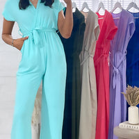 Belted V Neck Jumpsuit with Side Pockets