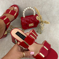 Square Stud Two Strap Block High Heels