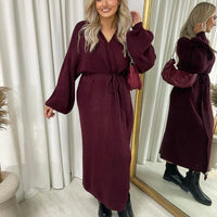 Maxi Cardigan in Brown with Tie Belt and Balloon Sleeves