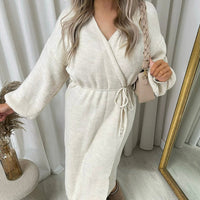Maxi Cardigan in Brown with Tie Belt and Balloon Sleeves
