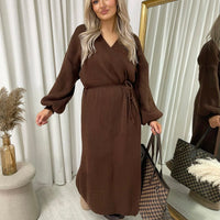 Maxi Cardigan in Brown with Tie Belt and Balloon Sleeves
