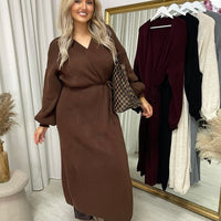 Maxi Cardigan in Brown with Tie Belt and Balloon Sleeves