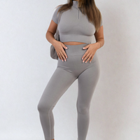 Grey ribbed half-zip crop top and high-waist leggings set, fitted two-piece.