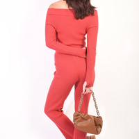 Knitted Co-ord Set in Black with Off Shoulder Crop Top and Trousers