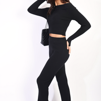 Knitted Co-ord Set in Black with Off Shoulder Crop Top and Trousers