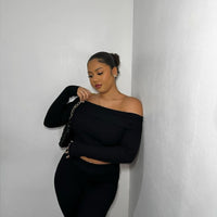 Knitted Co-ord Set in Black with Off Shoulder Crop Top and Trousers