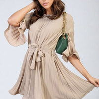 Pleated Mini Dress in Grey with Tie Waist and Wide Sleeves