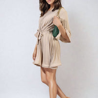 Pleated Mini Dress in Grey with Tie Waist and Wide Sleeves