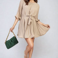Pleated Mini Dress in Grey with Tie Waist and Wide Sleeves
