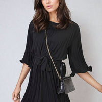 Pleated Mini Dress in Grey with Tie Waist and Wide Sleeves