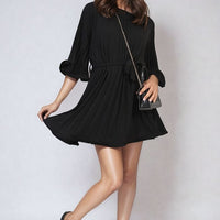 Pleated Mini Dress in Grey with Tie Waist and Wide Sleeves