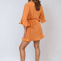 Pleated Mini Dress in Grey with Tie Waist and Wide Sleeves
