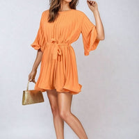 Pleated Mini Dress in Grey with Tie Waist and Wide Sleeves