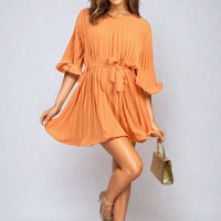 Pleated Mini Dress in Grey with Tie Waist and Wide Sleeves
