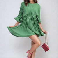 Pleated Mini Dress in Grey with Tie Waist and Wide Sleeves