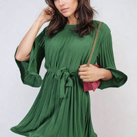 Pleated Mini Dress in Grey with Tie Waist and Wide Sleeves