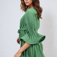 Pleated Mini Dress in Grey with Tie Waist and Wide Sleeves