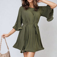 Pleated Mini Dress in Grey with Tie Waist and Wide Sleeves
