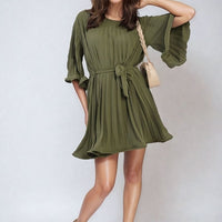 Pleated Mini Dress in Grey with Tie Waist and Wide Sleeves