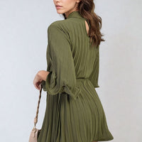 Pleated Mini Dress in Grey with Tie Waist and Wide Sleeves