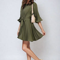 Pleated Mini Dress in Grey with Tie Waist and Wide Sleeves