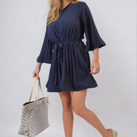 Pleated Mini Dress in Grey with Tie Waist and Wide Sleeves