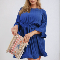 Pleated Mini Dress in Grey with Tie Waist and Wide Sleeves
