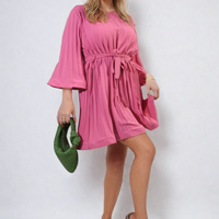 Pleated Mini Dress in Grey with Tie Waist and Wide Sleeves