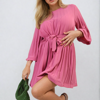 Pleated Mini Dress in Grey with Tie Waist and Wide Sleeves