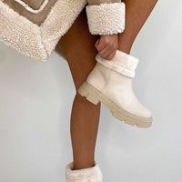 Ankle Boots in Cream with Fluffy Cuffs and Chunky Soles