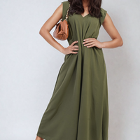 Olive green wide-leg jumpsuit with V-neck and sleeveless ruffle details