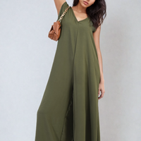 Wide-leg jumpsuit in olive green with V-neck and sleeveless design