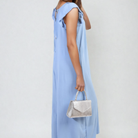 Sky blue wide-leg jumpsuit with V-neck and ruffle sleeves, back/side view