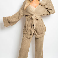 Knitted Co-ord Set in Black with Belted Cardigan and Wide-Leg Trousers