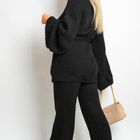 Knitted Co-ord Set in Black with Belted Cardigan and Wide-Leg Trousers