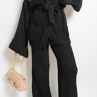 Knitted Co-ord Set in Black with Belted Cardigan and Wide-Leg Trousers