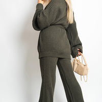 Knitted Co-ord Set in Black with Belted Cardigan and Wide-Leg Trousers