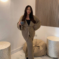 Knitted Co-ord Set in Black with Belted Cardigan and Wide-Leg Trousers