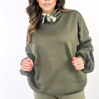 Oversized Hoodie in Dark Green with Ribbon Tie and Ruched Sleeves